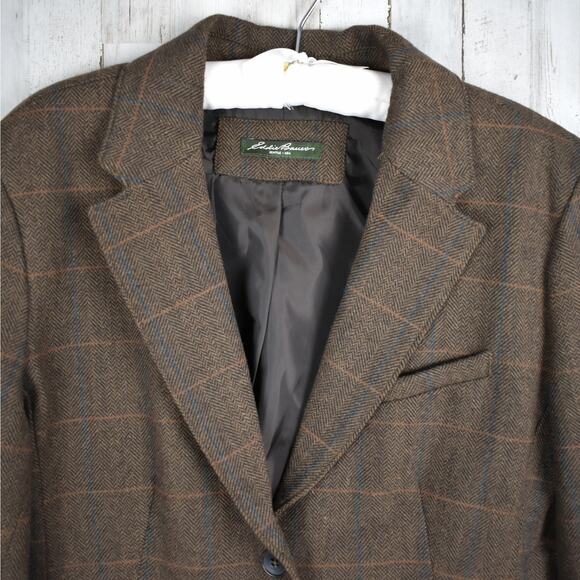 Eddie Bauer herringbone plaid brown wool button blazer jacket women's size 10/12 - Picture 2 of 10
